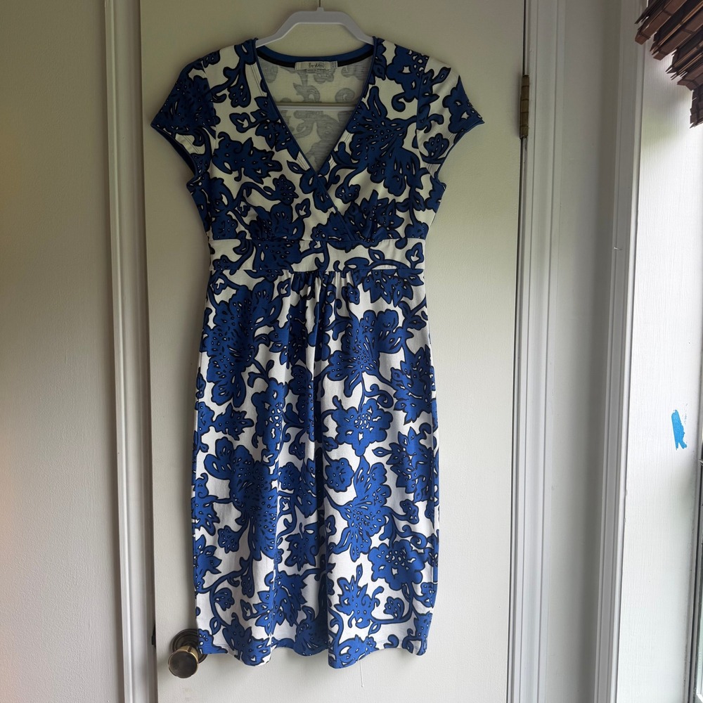 Boden Blue White Floral Faux Wrap Jersey Dress US 6R Short Sleeve
